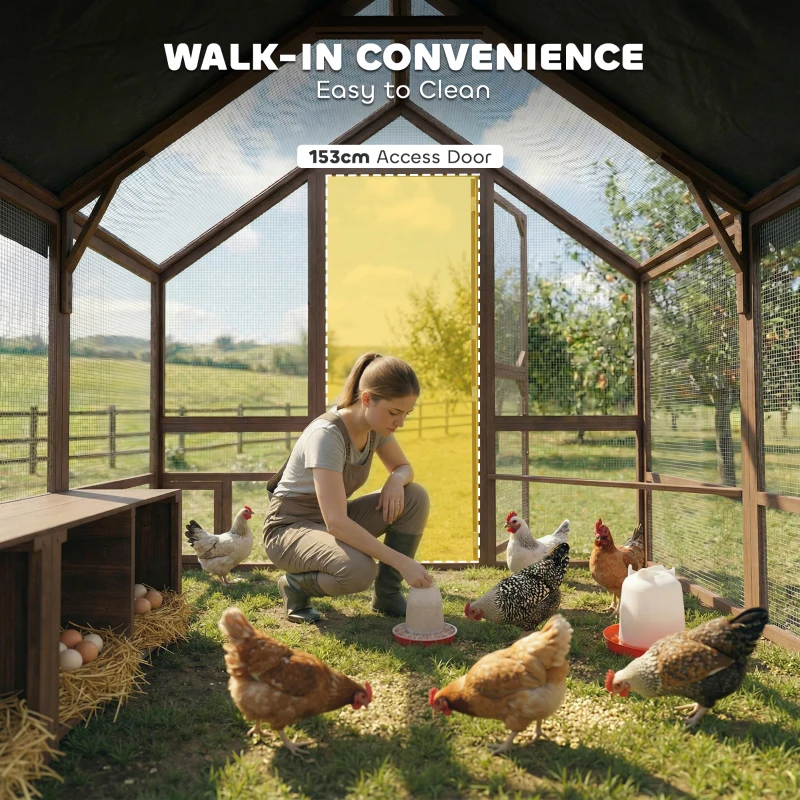 PawHut Large Wooden Chicken Coop for 8-10 Hens, Walk-in Chicken Run with Waterproof Cover, Nesting Boxes and Perches