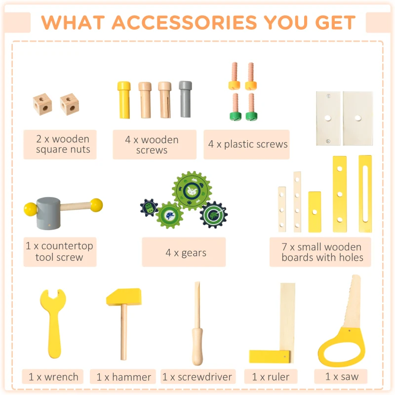 Qaba Wooden Kids Tool Bench with 27 Piece Tool Kit, Construction Work Shop Toy for Toddlers & Ages 3-6, Kids Workbench Playset Gift for Girls and Boys