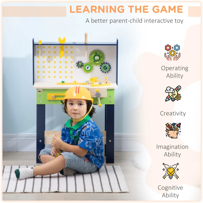 Qaba Wooden Kids Tool Bench with 27 Piece Tool Kit, Construction Work Shop Toy for Toddlers & Ages 3-6, Kids Workbench Playset Gift for Girls and Boys