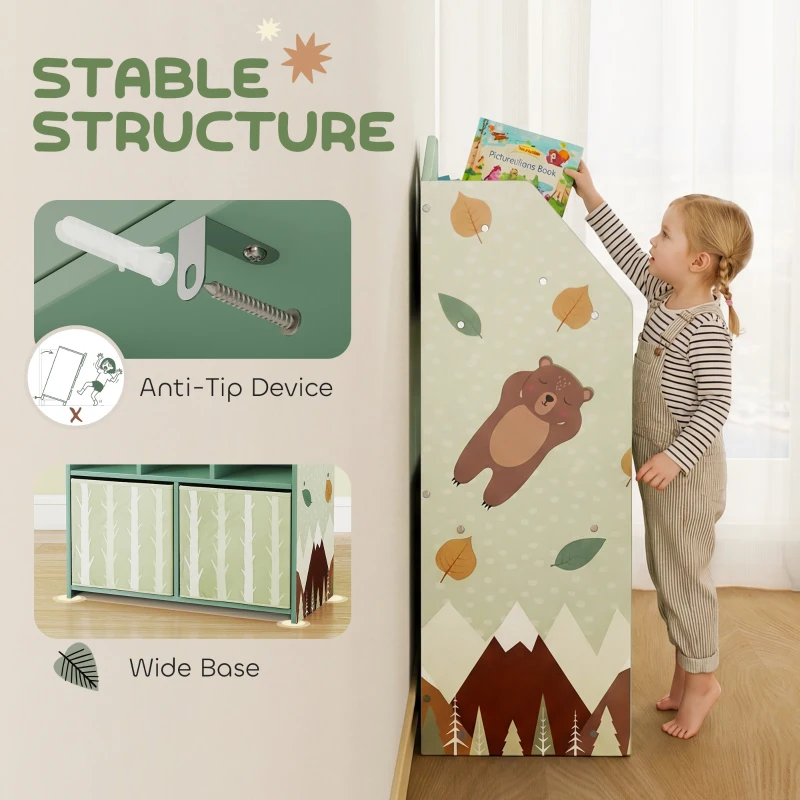 Qaba Kids Bookshelf with Storage, Toy Storage Unit with Book Display, Shelves and Fabric Drawers for Playroom Nursery, Green
