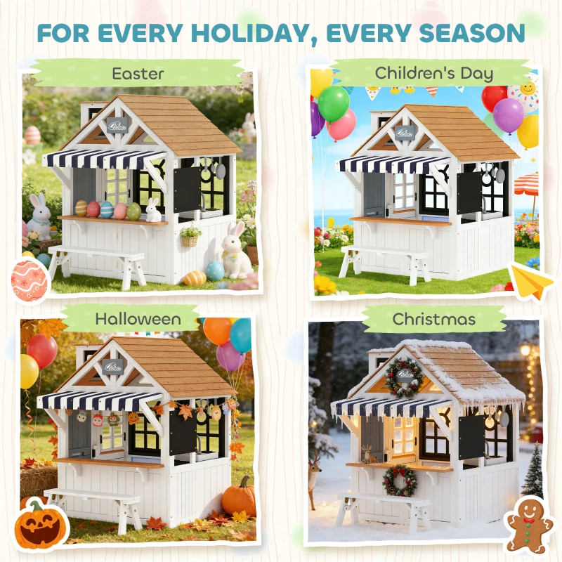 Qaba Outdoor Playhouse, Wooden Kids Playhouse with Dog Door, Cookware, Blackboard, Bench, Doorbell for Ages 2+