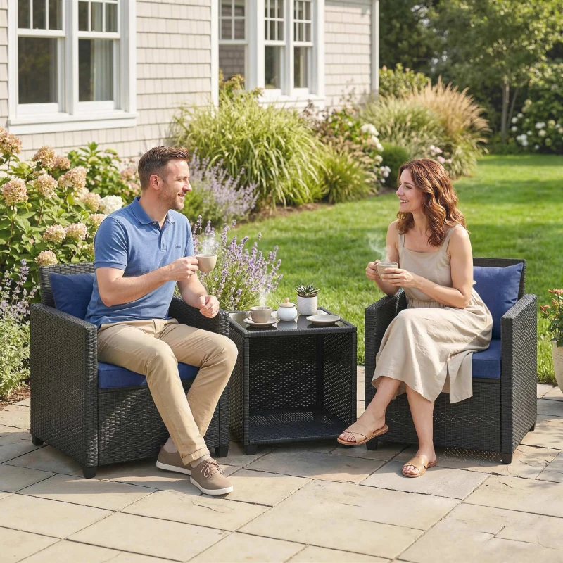 Outsunny 3 Piece Patio Bistro Set, Wicker Furniture Set with Thick Cushions, Glass Coffee Table and Chairs for Garden, Dark Blue