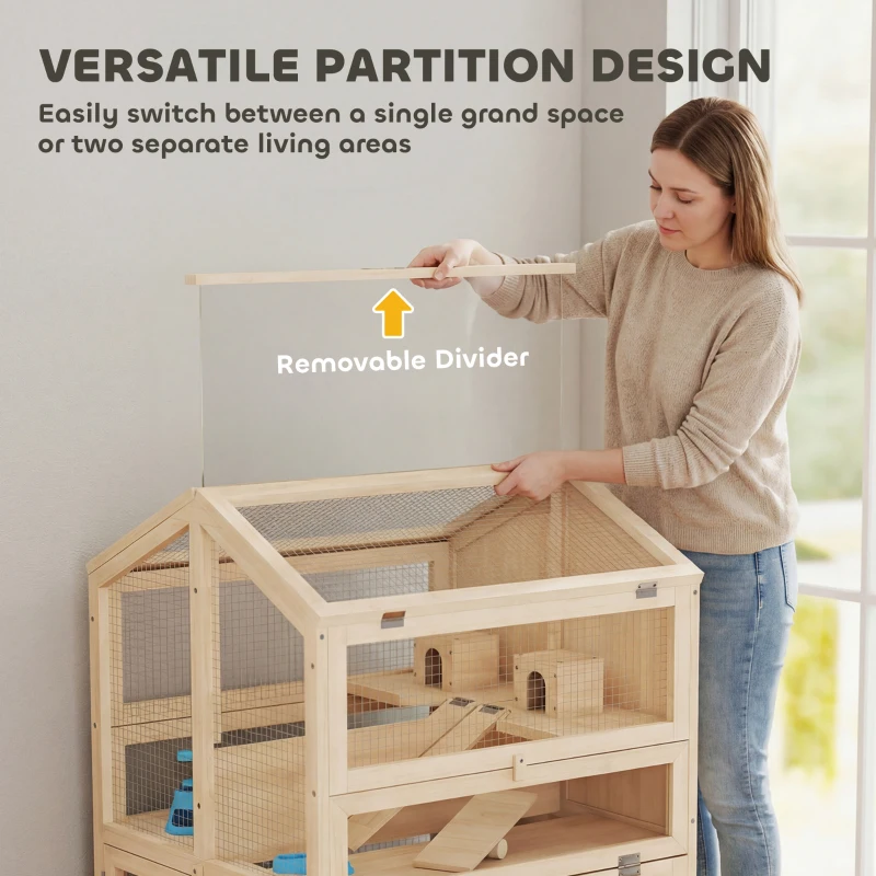 PawHut Wooden Hamster Cage, Large 3 Tier Hamster Cage w/ Pull-Out Tray, Openable Top, Hut, Seesaws, 26.8"L x 24.2"W x 35.4"H