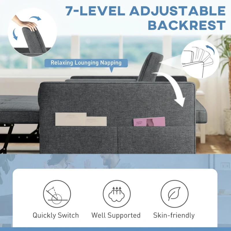 HOMCOM Pull Out Sofa Bed, Sleeper Sofa Couch with USB Ports, Small Linen Loveseat Futon Couch for Living Room, Dark Grey