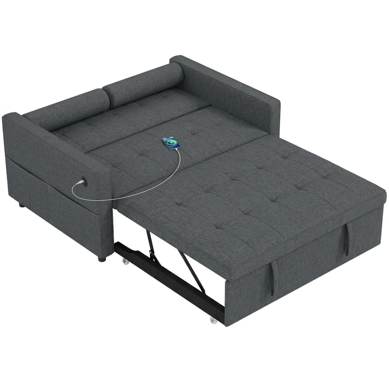 HOMCOM Pull Out Sofa Bed, Sleeper Sofa Couch with USB Ports, Small Linen Loveseat Futon Couch for Living Room, Dark Grey