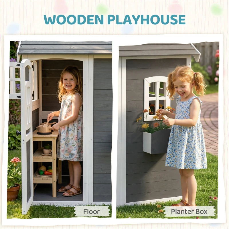 Outsunny Outdoor Wooden Playhouse for Kids with Floor, Door, Windows, Planter Box for 3-8 Years Old, Backyard, Lawn, Garden