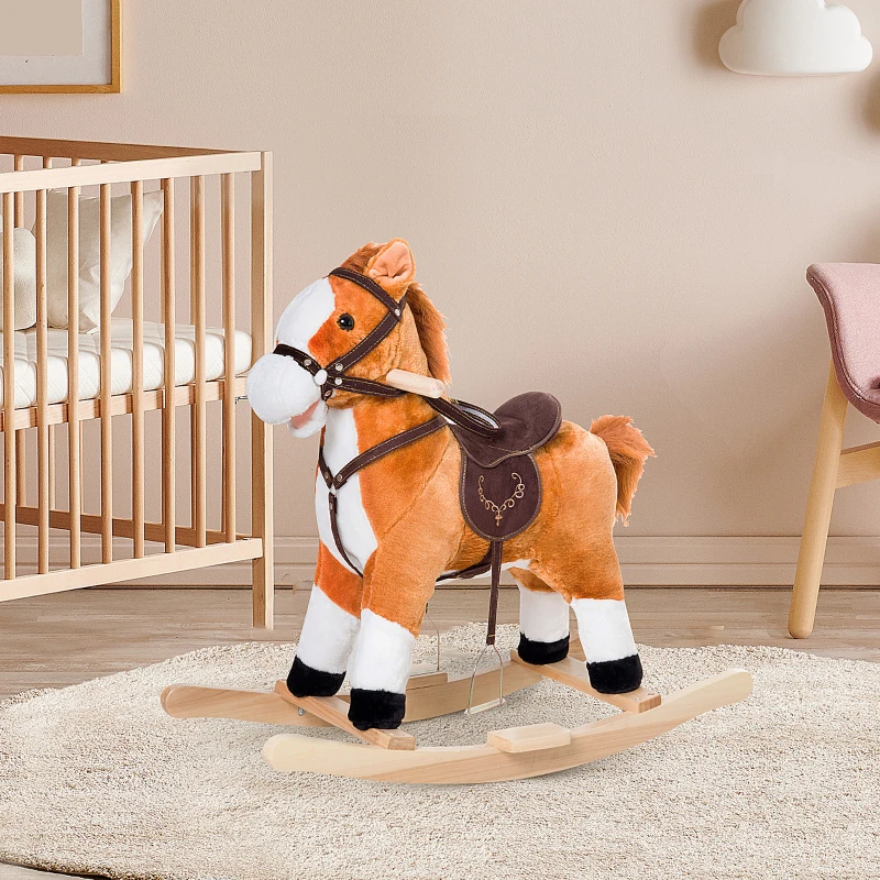Qaba Kids Plush Rocking Horse Child Ride On Toy Rocker with Realistic Sounds Brown