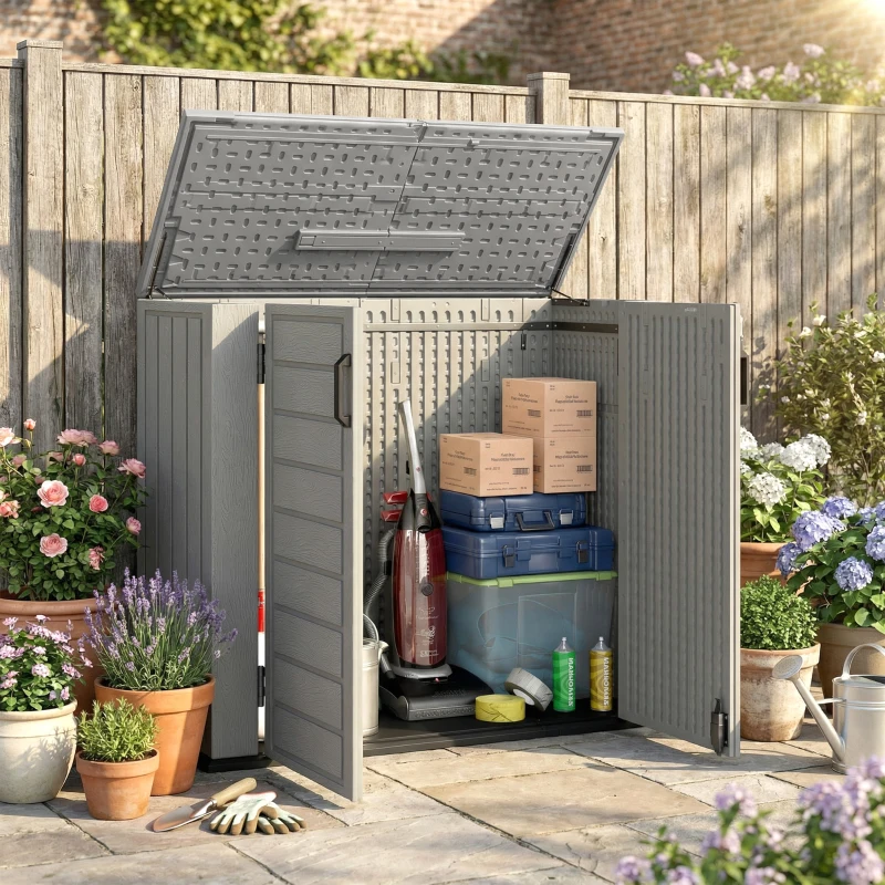 Outsunny 33 Cu.ft Plastic Outdoor Storage Shed, Storage Cabinet Tool Box with Lockable Double Doors and Flip-Top Lid Light Grey