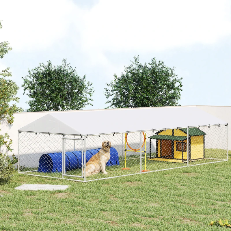 PawHut 20' x 7.5' x 5' Dog Kennel Outdoor for Large Dogs with Waterproof Roof, Silver