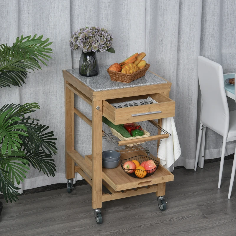 HOMCOM Bamboo Rolling Kitchen Island on Wheels Storage Cart with Granite Top, a Slide-Out Basket & Wine Storage Rack