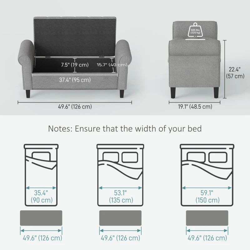 HOMCOM 50 Inches Storage Ottoman, Upholstered Bedroom Bench with Rolled Arms and Button Tufted Storage, Light Grey