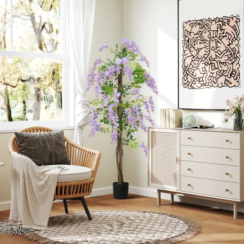 HOMCOM 5.9FT Fake Wisteria Tree with Natural Wood Trunk, Artificial Plant in Nursery Pot, Greenery Tall Faux Floor Plant Purple