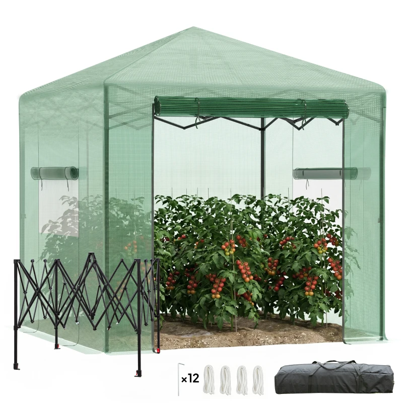Outsunny Portable Pop Up Greenhouse, Outdoor Walk-in Hot House with Roll-up Door & 2 Windows, 8' x 6' , Green