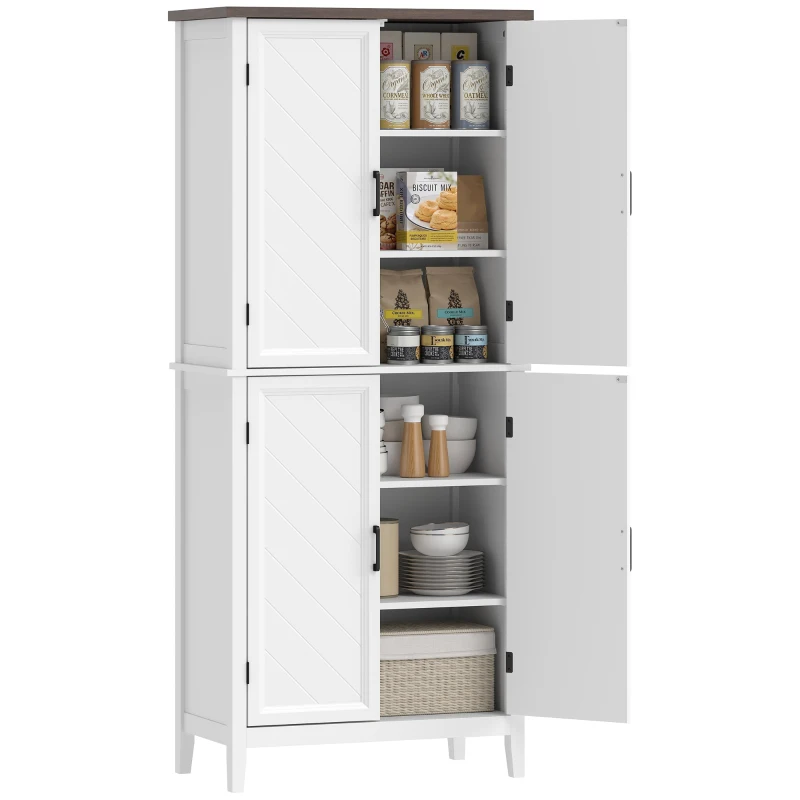 HOMCOM 70" Tall Kitchen Storage Cabinet Modern Farmhouse Pantry Cabinet with 4 Chevron Doors and 4 Adjustable Shelves, White