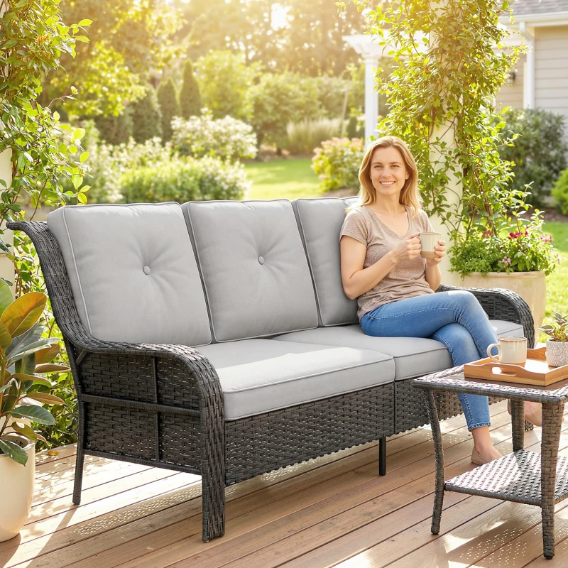 Outsunny Wicker Patio Sofa with Cushions, 3 Seater Rattan Outdoor Couch for Patio, Garden, Porch, Backyard, Light Grey