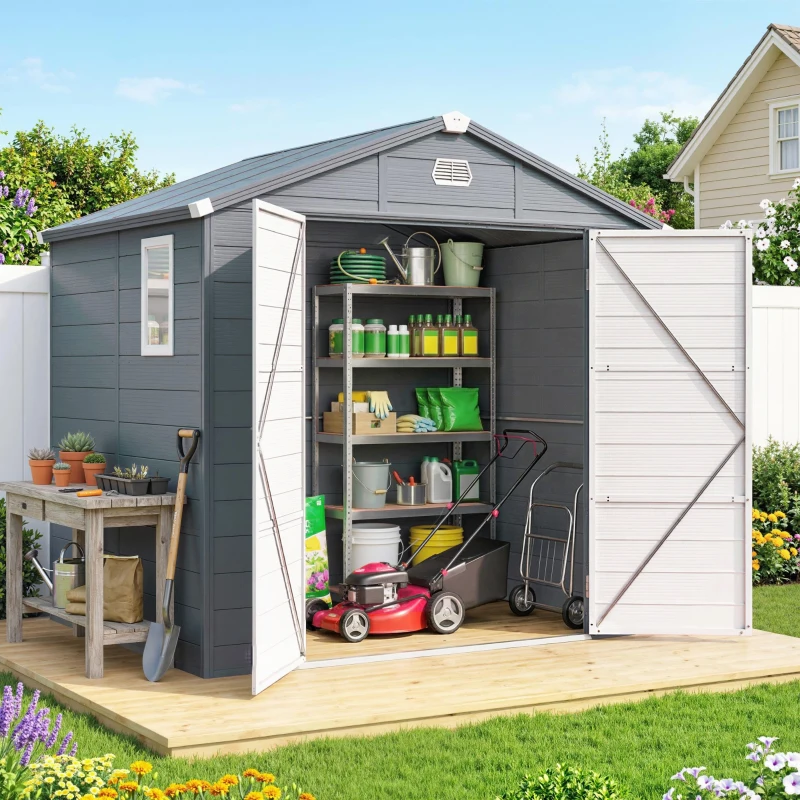 Outsunny 8' x 6' Plastic Garden Storage Shed with Latch Door, Vents, Sloped Roof, Dark Grey