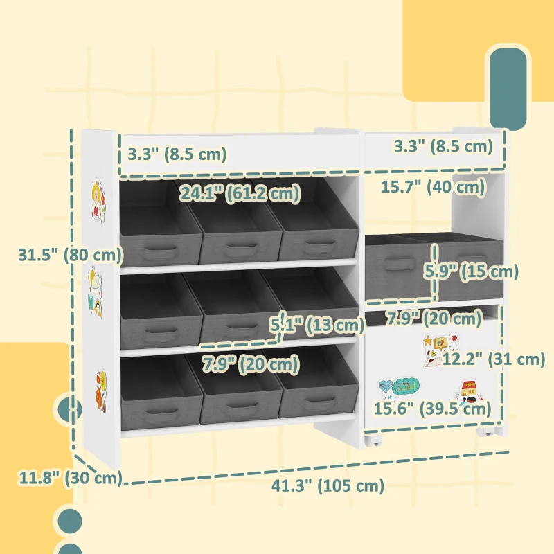 Qaba Kids Toy Storage Organizer with 11 Bins, Moveable Cabinet, Top Shelves, 3 Stickers, for Nursery, Playroom, White