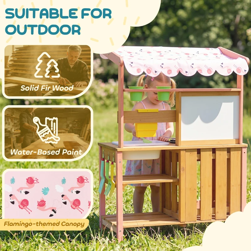 Qaba Kids Mud Kitchen with Canopy, Outdoor Wooden Play Kitchen with Planter Box, Accessories for Age 3-6, Pink