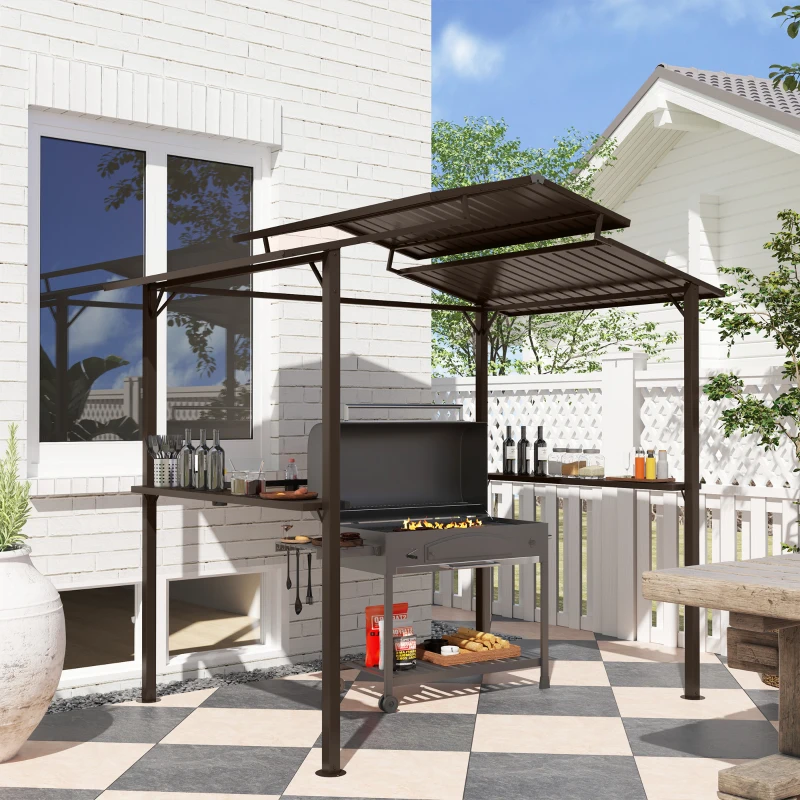 Outsunny 8 x 5ft Hardtop Grill Gazebo with Double Metal Roof, 2 Side Shelves and 4 Cup Holders for Patio Backyard Lawn Deck