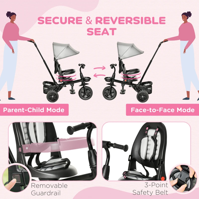 Qaba Kids Tricycle, 4 in 1 Foldable Trike with Reversible Seat, Adjustable Parent Handle, Safety Harness, Wheel Brakes, Removable Canopy, Storage, Tricycle for Toddlers 1-5 Years, Gray
