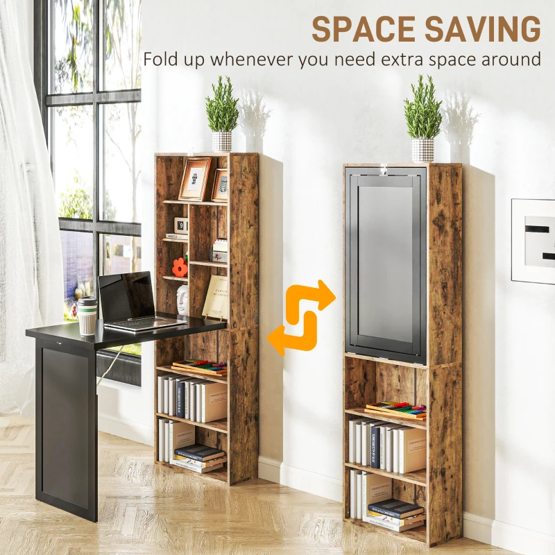 HOMCOM Fold-out Convertible Office Desk, Wall Mount Computer Desk with Blackboard and Side Shelf, Rustic Brown