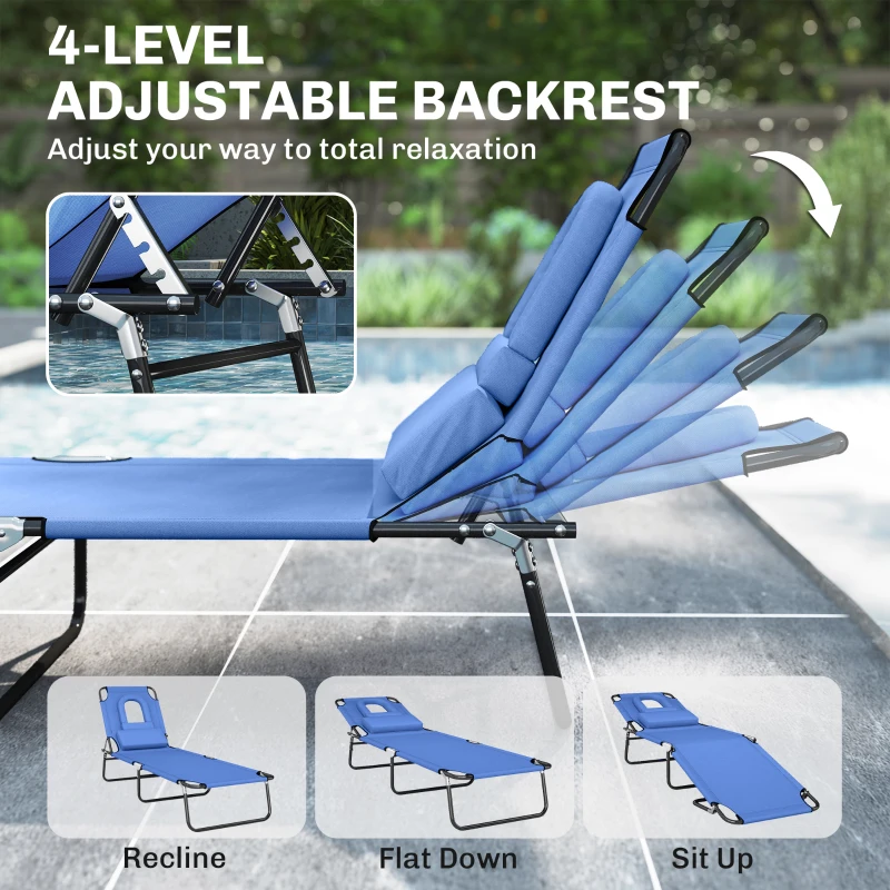 Outsunny Folding Chaise Lounge Chair, Reclining Beach Tanning Chair with Face Hole, Pillow, 4-Position Adjustable Lay Flat Sun Lounger, Steel Frame for Outdoor Patio Pool, Blue