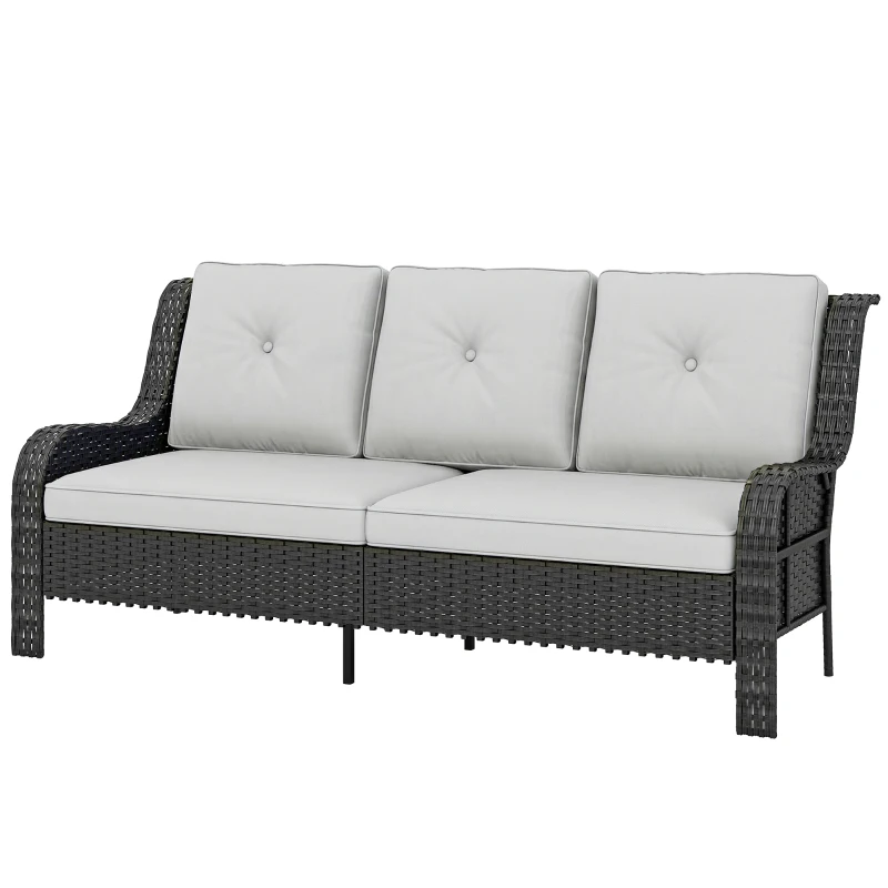 Outsunny Wicker Patio Sofa with Cushions, 3 Seater Rattan Outdoor Couch for Patio, Garden, Porch, Backyard, Light Grey