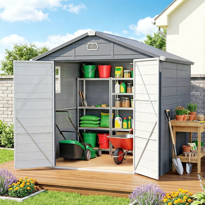 Outsunny 8' x 6' Plastic Garden Storage Shed with Latch Door, Vents, Sloped Roof, Dark Grey