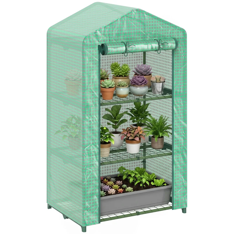 Outsunny 3 Tier Mini Greenhouse, Portable Flower Stand with Shelf Clips, Indoor Greenhouse with Steel Frame, Green