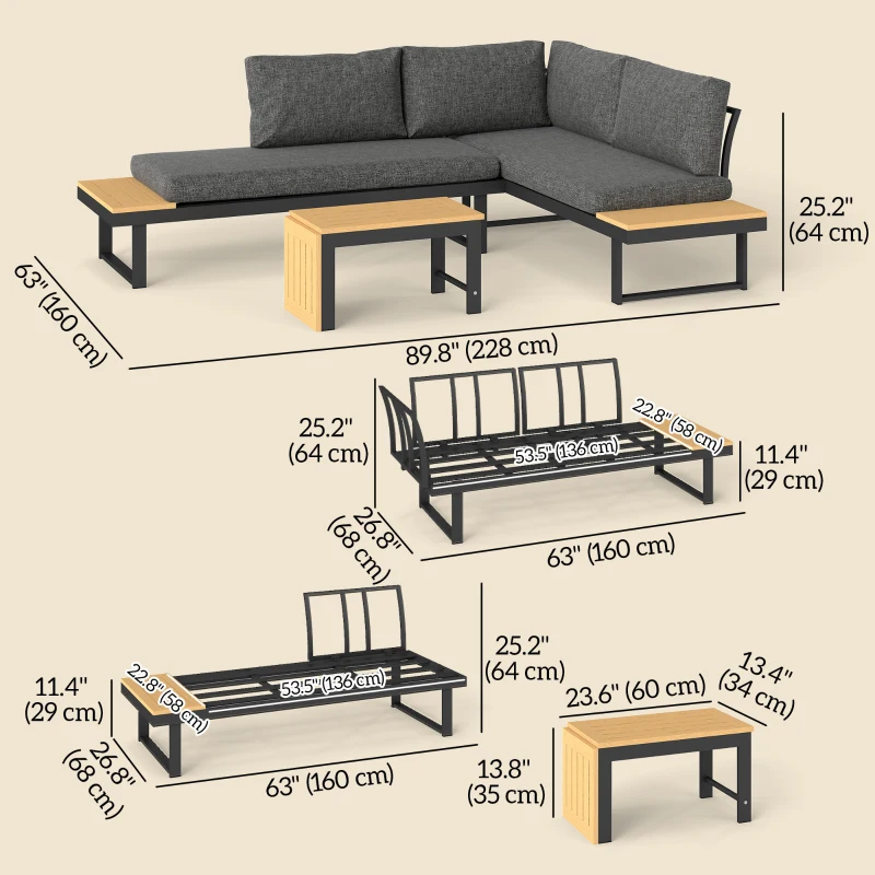 Outsunny 3 Pieces Aluminum Corner Patio Furniture Set Sectional Outdoor Sofa Set with 2 Loveseats Wood-Plastic Coffee Table Grey
