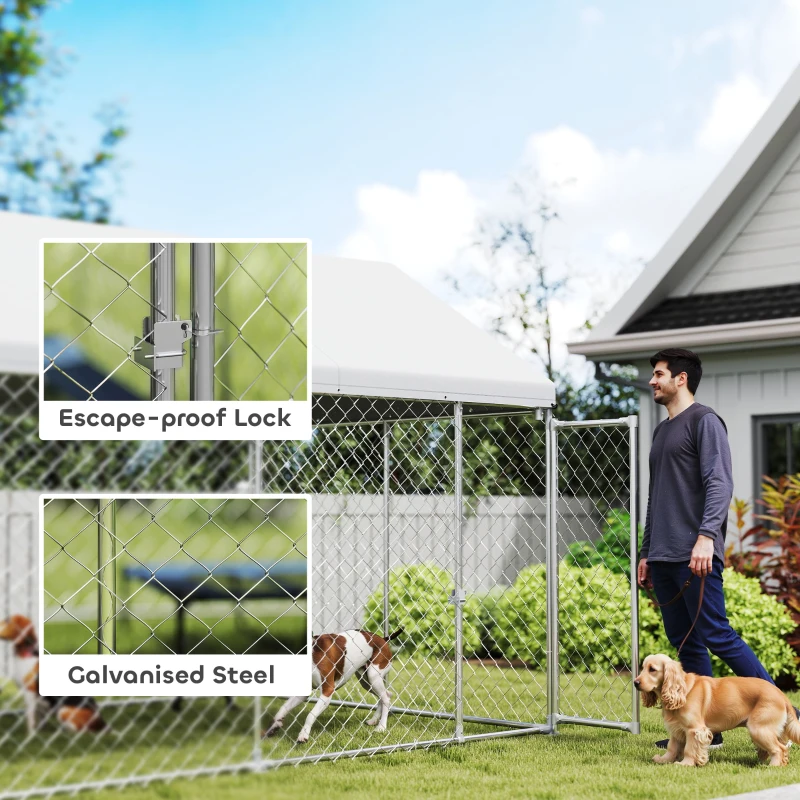 PawHut Heavy Duty Outdoor Dog Kennel with Waterproof Roof, Secure Latch, Chain Link Dog Run for Backyard, 19.7' x 7.5' x 7.9'