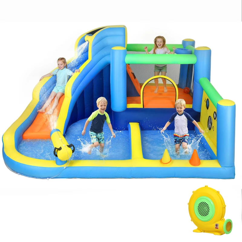 Qaba Bouncy Castle for Kids, Inflatable Bounce House with Slide, Pool (Ball Pit), Ball Shooting and Blower for Indoor Outdoor
