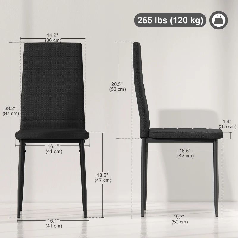 HOMCOM High Back Dining Chairs, Modern Upholstered Linen Fabric Accent Chairs with Metal Legs for Kitchen, Set of 6, Black