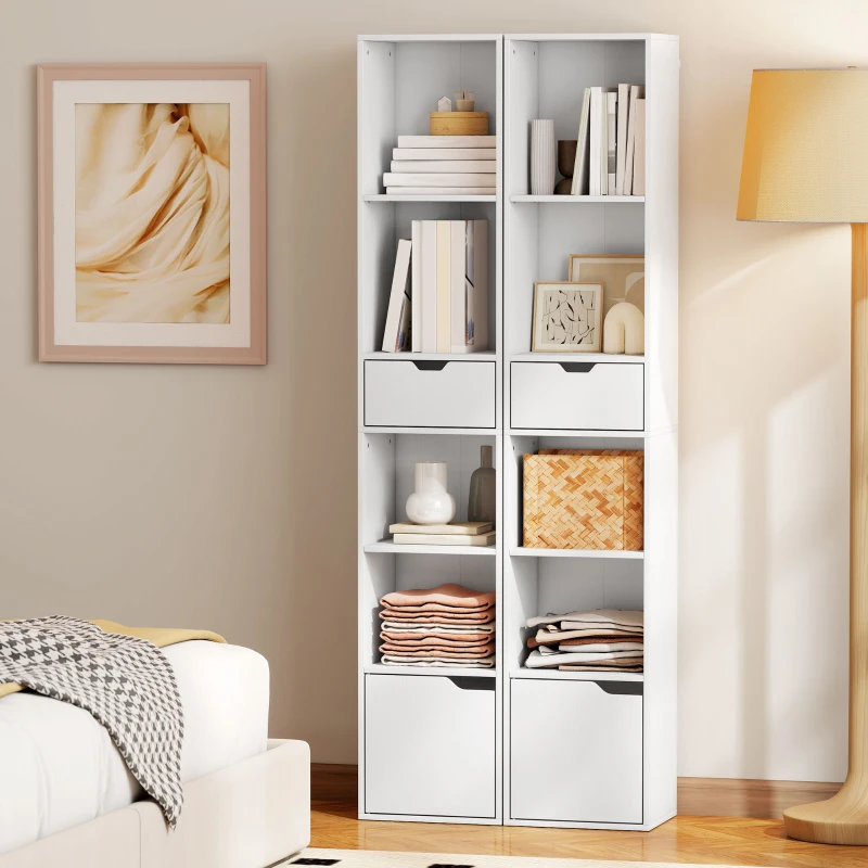 HOMCOM 6-Tier Bookcase, Tall Narrow Bookshelf with Drawer and Door, White