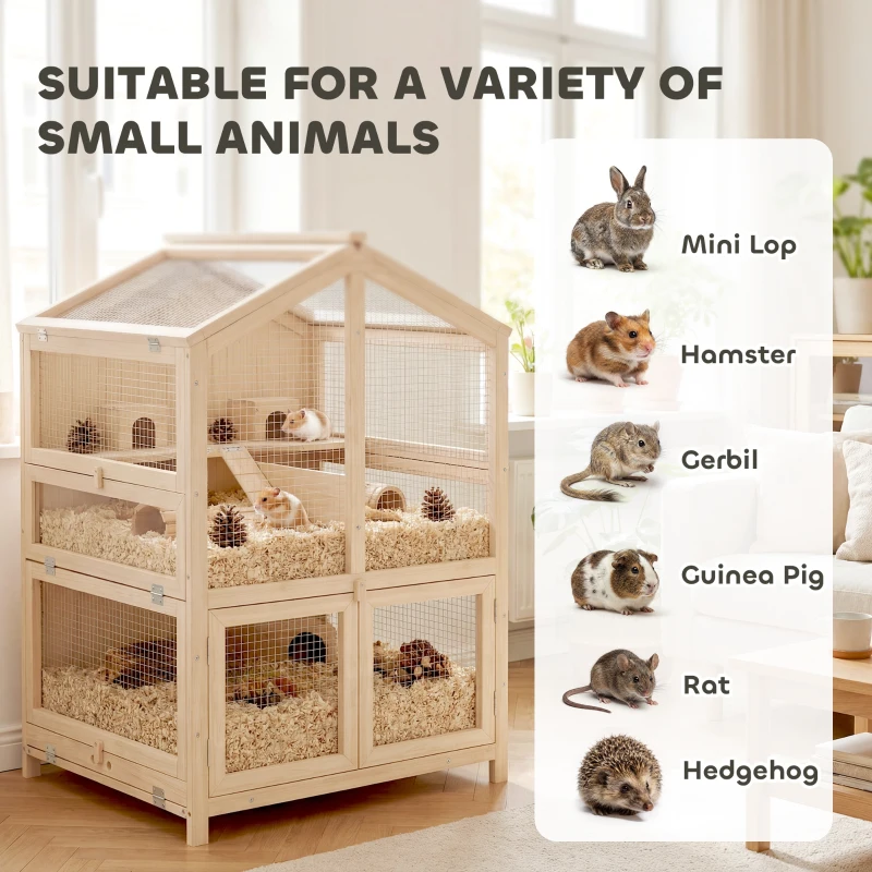 PawHut Wooden Hamster Cage, Large 3 Tier Hamster Cage w/ Pull-Out Tray, Openable Top, Hut, Seesaws, 26.8"L x 24.2"W x 35.4"H