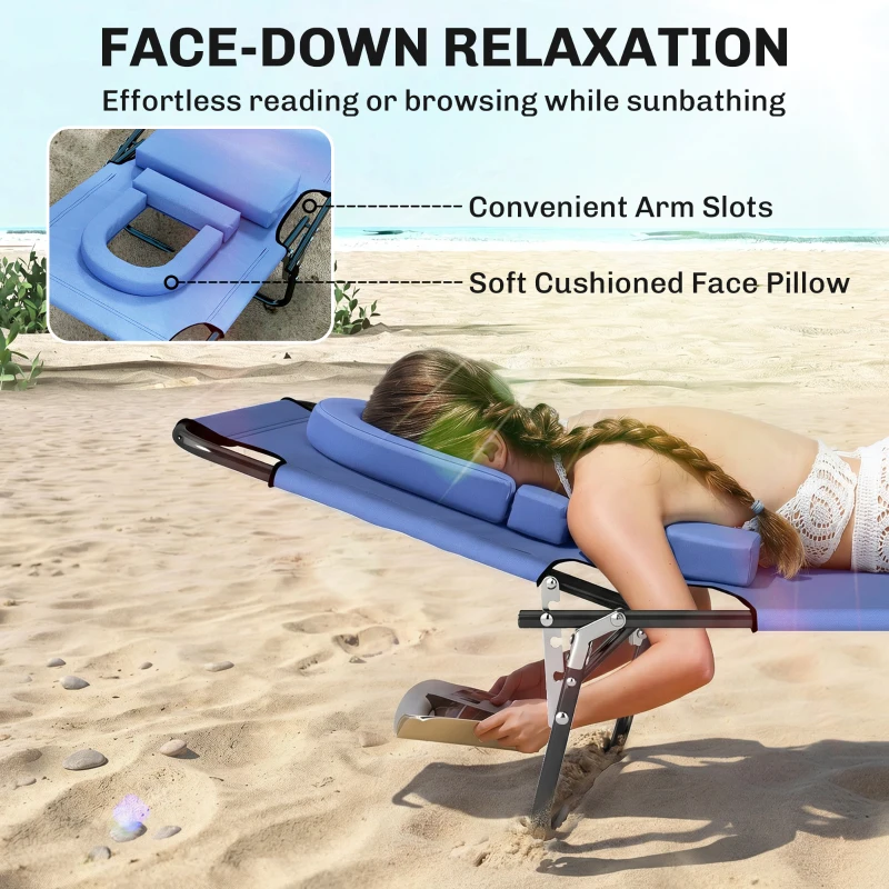 Outsunny Folding Chaise Lounge Chair, Reclining Beach Tanning Chair with Face Hole, Pillow, 4-Position Adjustable Lay Flat Sun Lounger, Steel Frame for Outdoor Patio Pool, Blue
