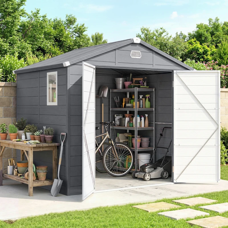 Outsunny 8' x 6' Plastic Garden Storage Shed with Latch Door, Vents, Sloped Roof, Light Grey
