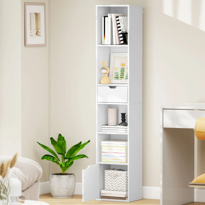 HOMCOM 6-Tier Bookcase, Tall Narrow Bookshelf with Drawer and Door, White