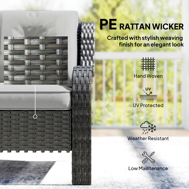 Outsunny Wicker Patio Sofa with Cushions, 3 Seater Rattan Outdoor Couch for Patio, Garden, Porch, Backyard, Light Grey