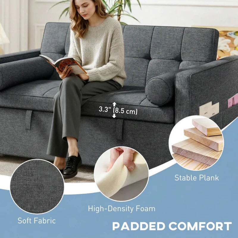 HOMCOM Pull Out Sofa Bed, Sleeper Sofa Couch with USB Ports, Small Linen Loveseat Futon Couch for Living Room, Dark Grey