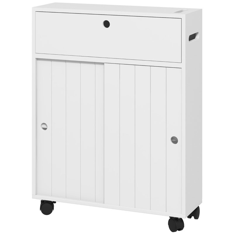 kleankin Bathroom Storage Cabinet, Bathroom Cabinet with 4 Rolling Wheels and Paper Holes, 20.5" x 6.75" x 26.5", White