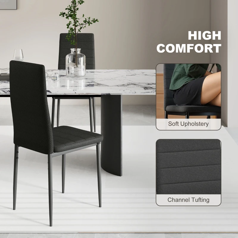 HOMCOM High Back Dining Chairs, Modern Upholstered Linen Fabric Accent Chairs with Metal Legs for Kitchen, Set of 6, Black