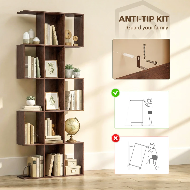 HOMCOM 5-Tier Bookshelf, S Shaped Geometric Bookcase with 15 Compartments, Black Wood Grain