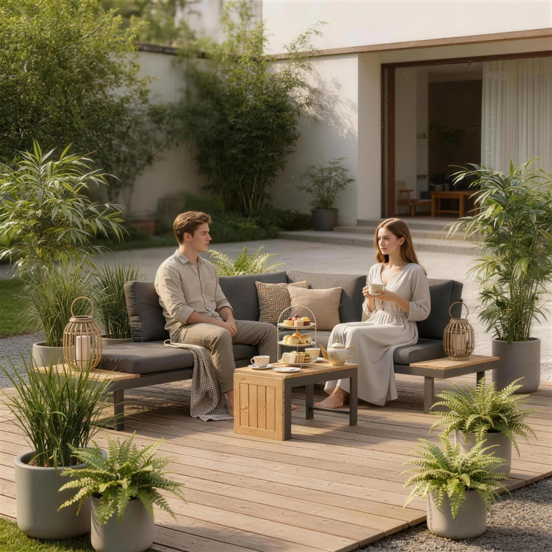 Outsunny 3 Pieces Aluminum Corner Patio Furniture Set Sectional Outdoor Sofa Set with 2 Loveseats Wood-Plastic Coffee Table Grey