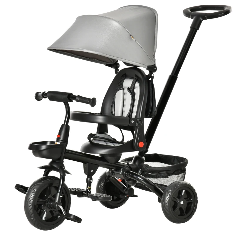 Qaba Kids Tricycle, 4 in 1 Foldable Trike with Reversible Seat, Adjustable Parent Handle, Safety Harness, Wheel Brakes, Removable Canopy, Storage, Tricycle for Toddlers 1-5 Years, Gray