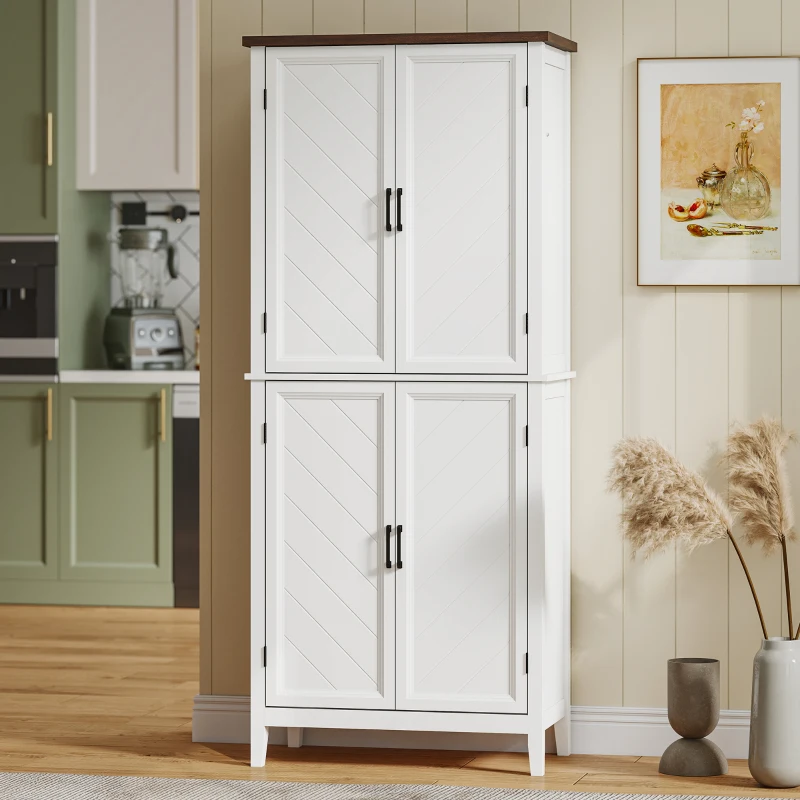HOMCOM 70" Tall Kitchen Storage Cabinet Modern Farmhouse Pantry Cabinet with 4 Chevron Doors and 4 Adjustable Shelves, White