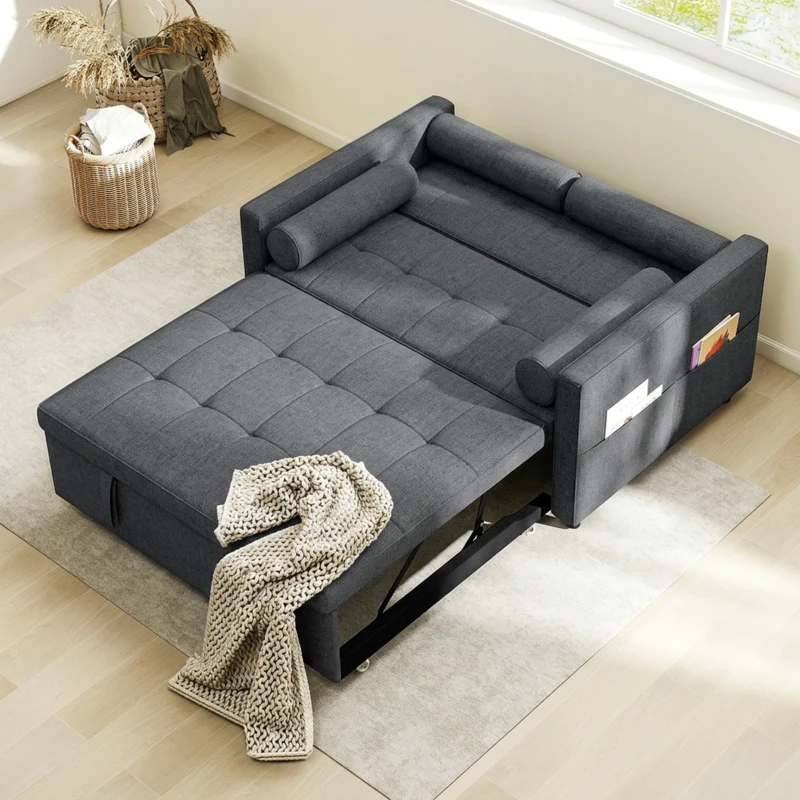 HOMCOM Pull Out Sofa Bed, Sleeper Sofa Couch with USB Ports, Small Linen Loveseat Futon Couch for Living Room, Dark Grey