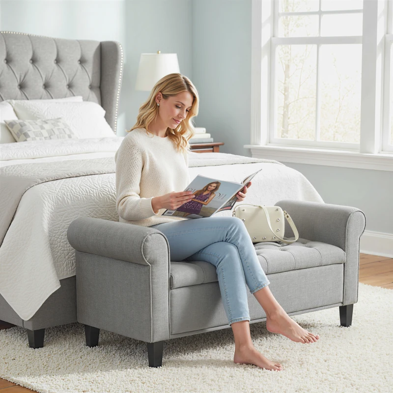 HOMCOM 50 Inches Storage Ottoman, Upholstered Bedroom Bench with Rolled Arms and Button Tufted Storage, Light Grey