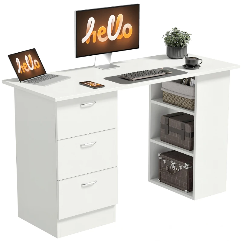 HOMCOM Computer Desk, 47" Writing Table with 3-Tier Shelves and 3 Reversible Drawers for Home Office, Bedroom, White