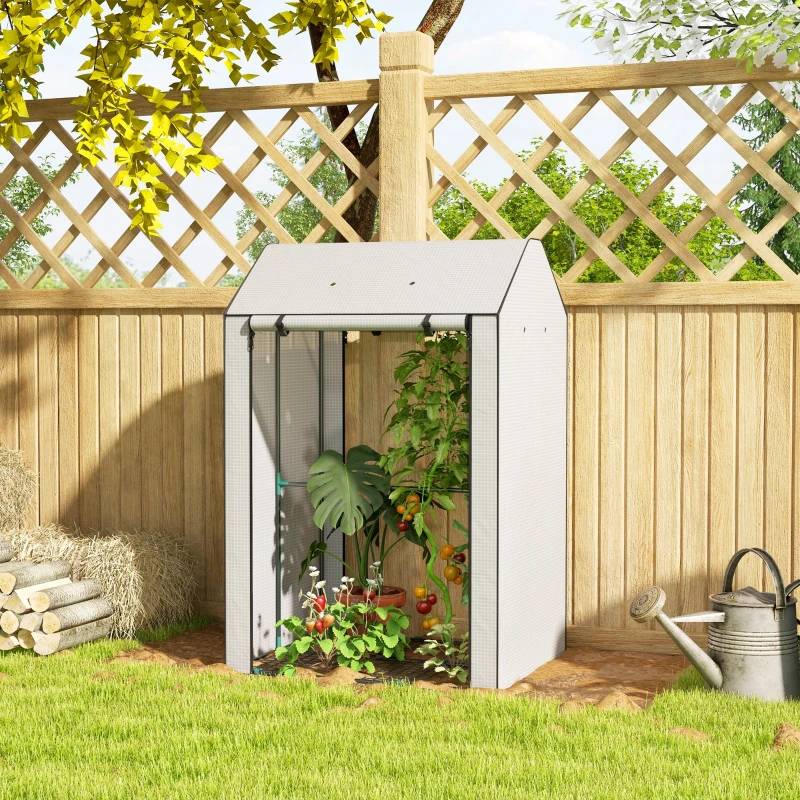 Outsunny Mini Greenhouse with 4 Wire Shelves, Portable Tomato Greenhouse with Roll Up Door, 39.4" x 31.5" x 59.1", White
